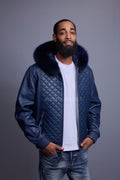 Men's Lucas Quilted Leather Bomber Jacket With Fox Hood [Navy]