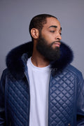 Men's Lucas Quilted Leather Bomber Jacket With Fox Hood [Navy]