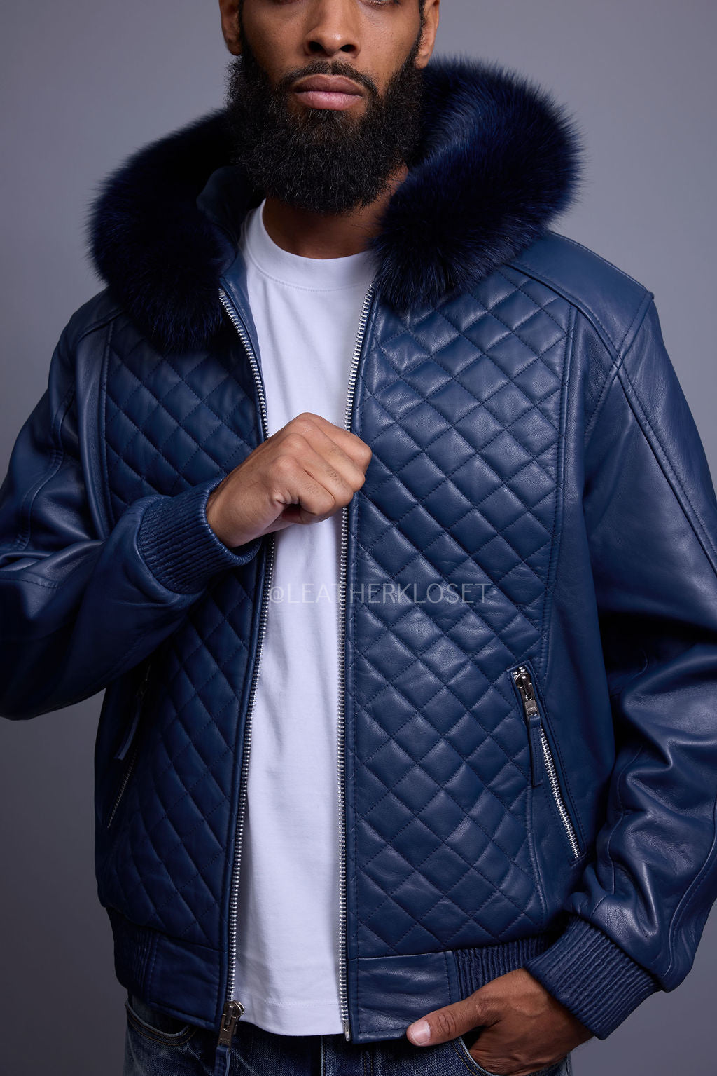 Men's Lucas Quilted Leather Bomber Jacket With Fox Hood [Navy]