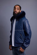 Men's Lucas Quilted Leather Bomber Jacket With Fox Hood [Navy]