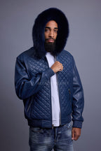 Men's Lucas Quilted Leather Bomber Jacket With Fox Hood [Navy]