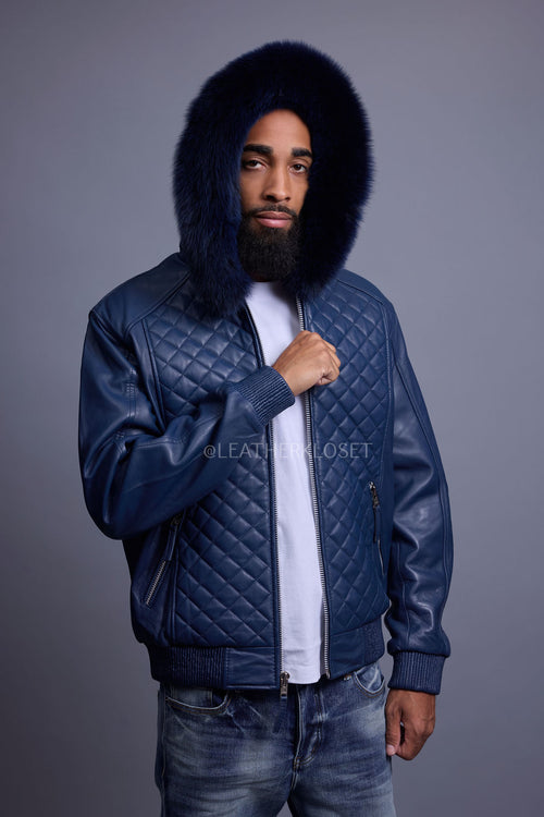 Men's Lucas Quilted Leather Bomber Jacket With Fox Hood [Navy]