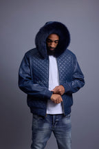 Men's Lucas Quilted Leather Bomber Jacket With Fox Hood [Navy]