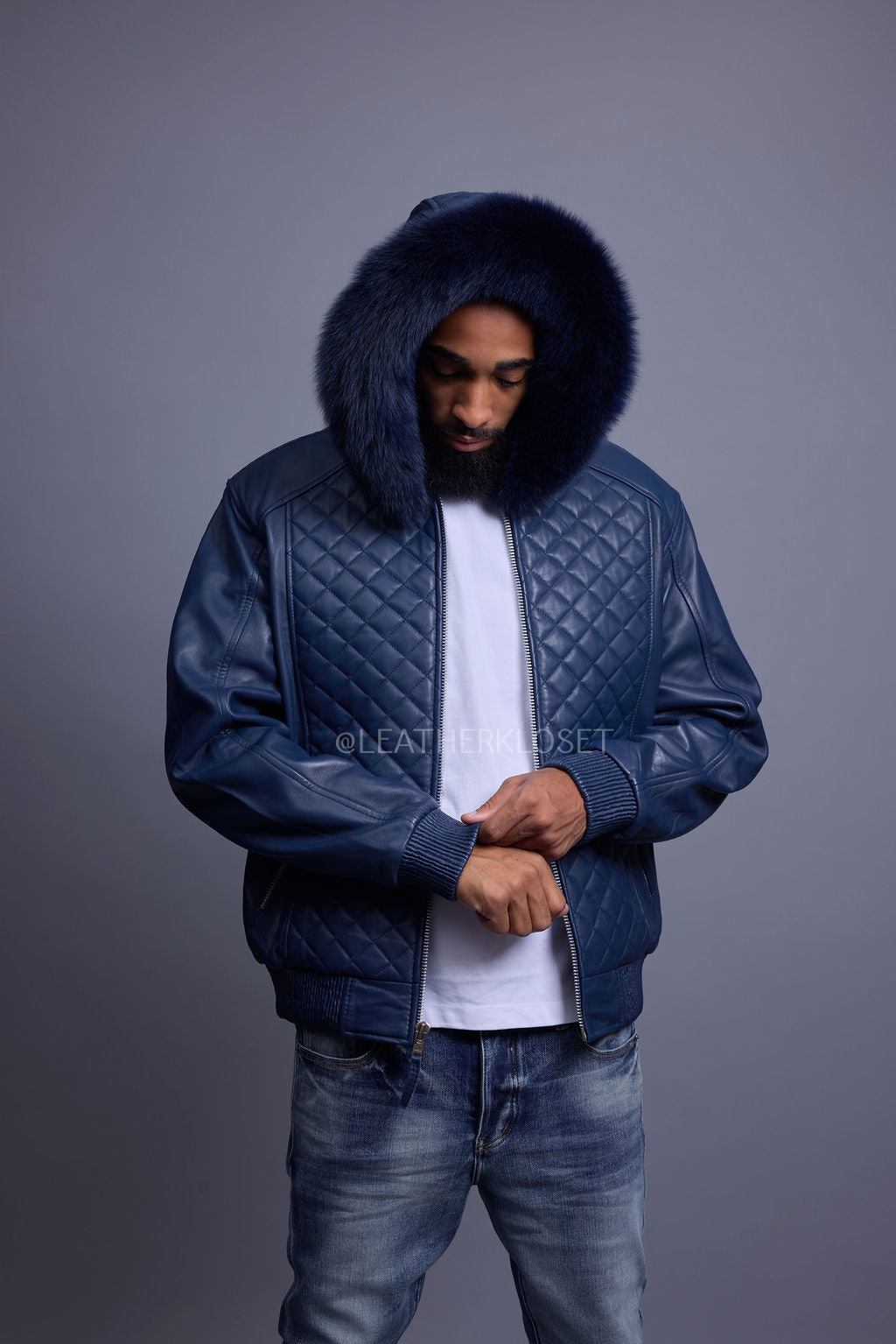 Men's Lucas Quilted Leather Bomber Jacket With Fox Hood [Navy]