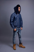 Men's Lucas Quilted Leather Bomber Jacket With Fox Hood [Navy]
