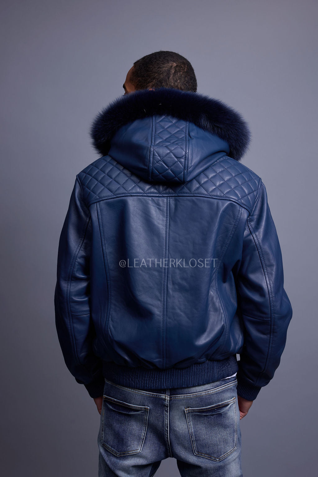 Men's Lucas Quilted Leather Bomber Jacket With Fox Hood [Navy]