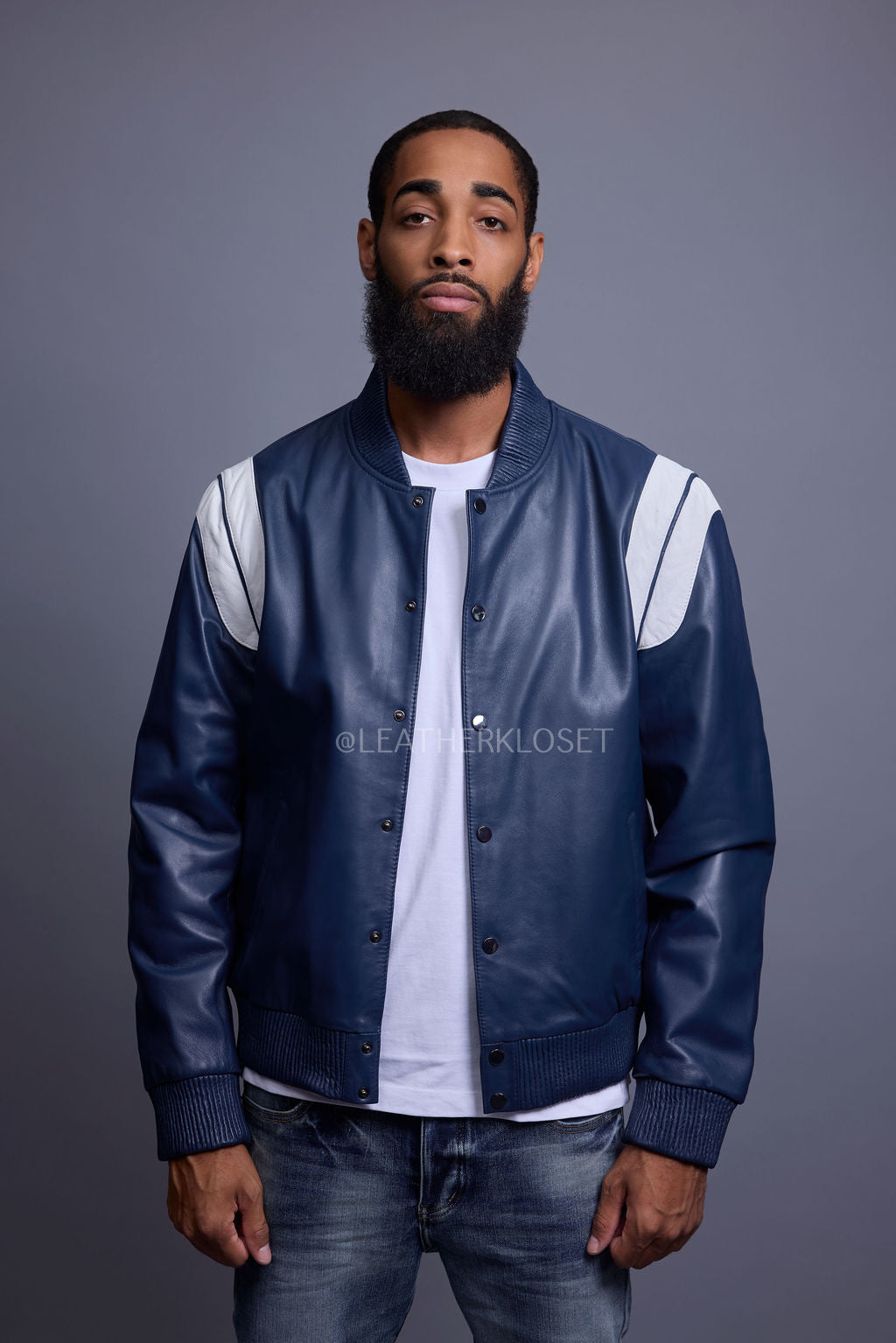 Men's Liam All-Leather Varsity Jacket [Navy/White]