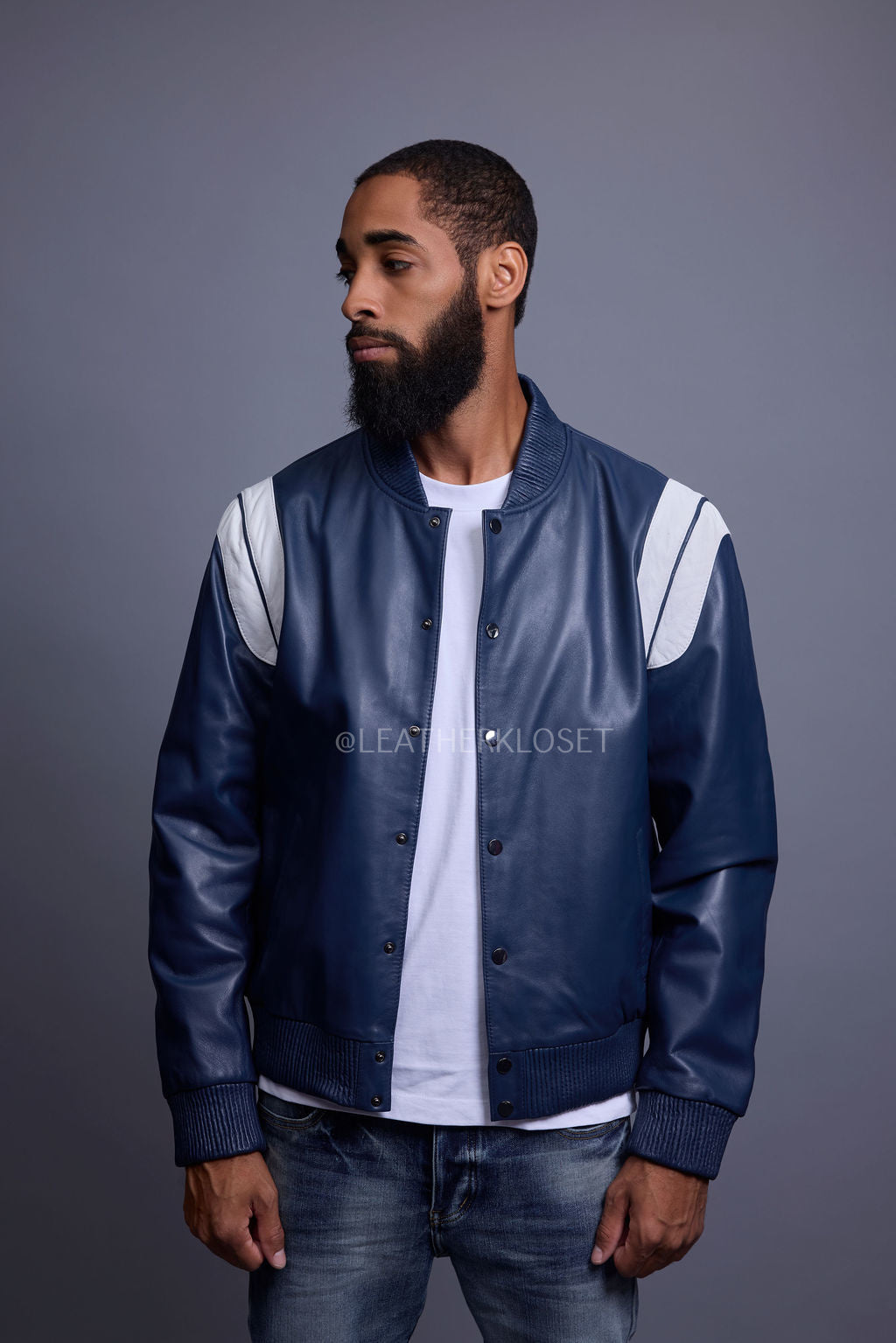 Men's Liam All-Leather Varsity Jacket [Navy/White]