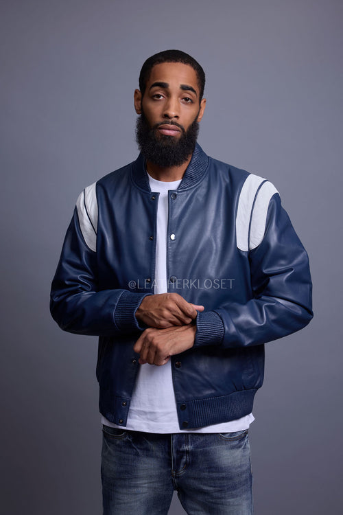 Men's Liam All-Leather Varsity Jacket [Navy/White]