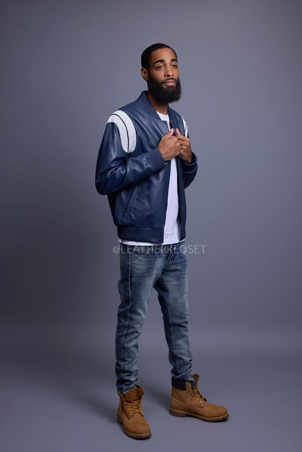 Men's Liam All-Leather Varsity Jacket [Navy/White]