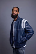 Men's Liam All-Leather Varsity Jacket [Navy/White]