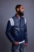 Men's Liam All-Leather Varsity Jacket [Navy/White]