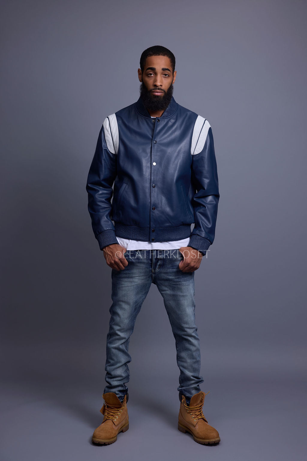 Men's Liam All-Leather Varsity Jacket [Navy/White]