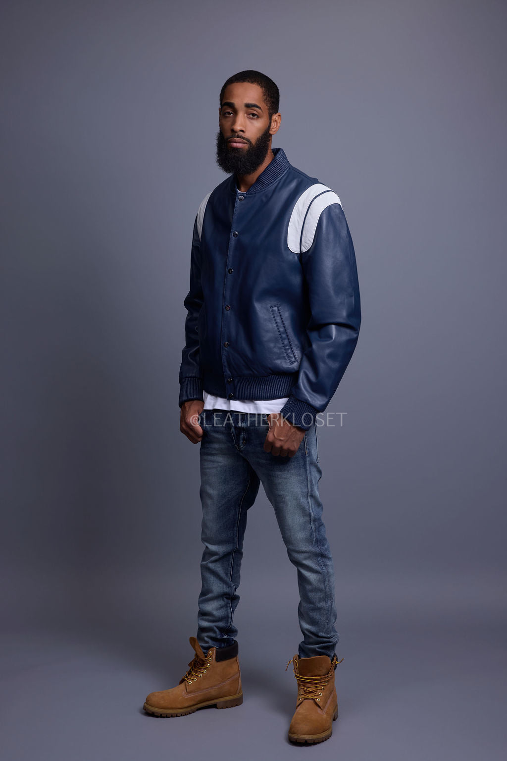 Men's Liam All-Leather Varsity Jacket [Navy/White]