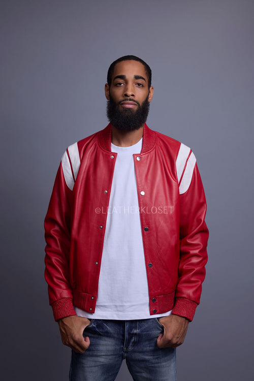 Men's Liam All-Leather Varsity Jacket [Red/White]
