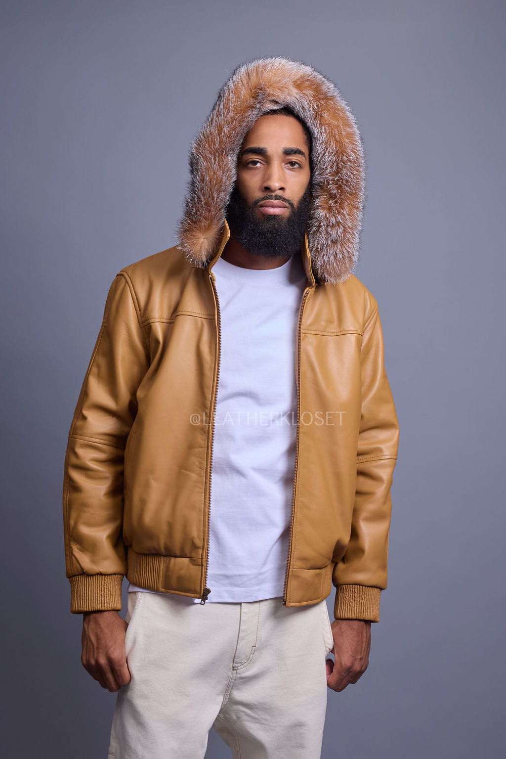 Men's Classic Baseball Jacket With Fox Hood [Wheat/Crystal Fox]