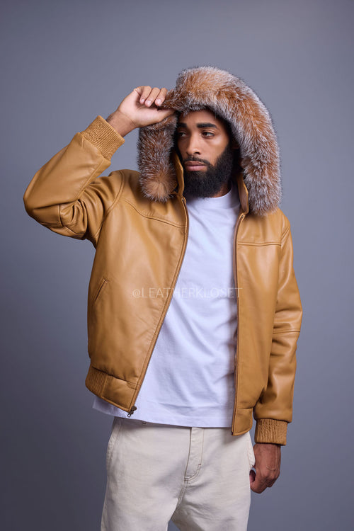 Men's Classic Baseball Jacket With Fox Hood [Wheat/Crystal Fox]