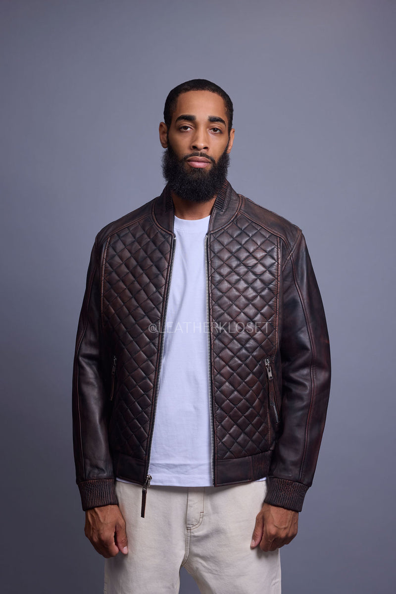 Men's Lucas Quilted Leather Bomber Jacket [Copper]