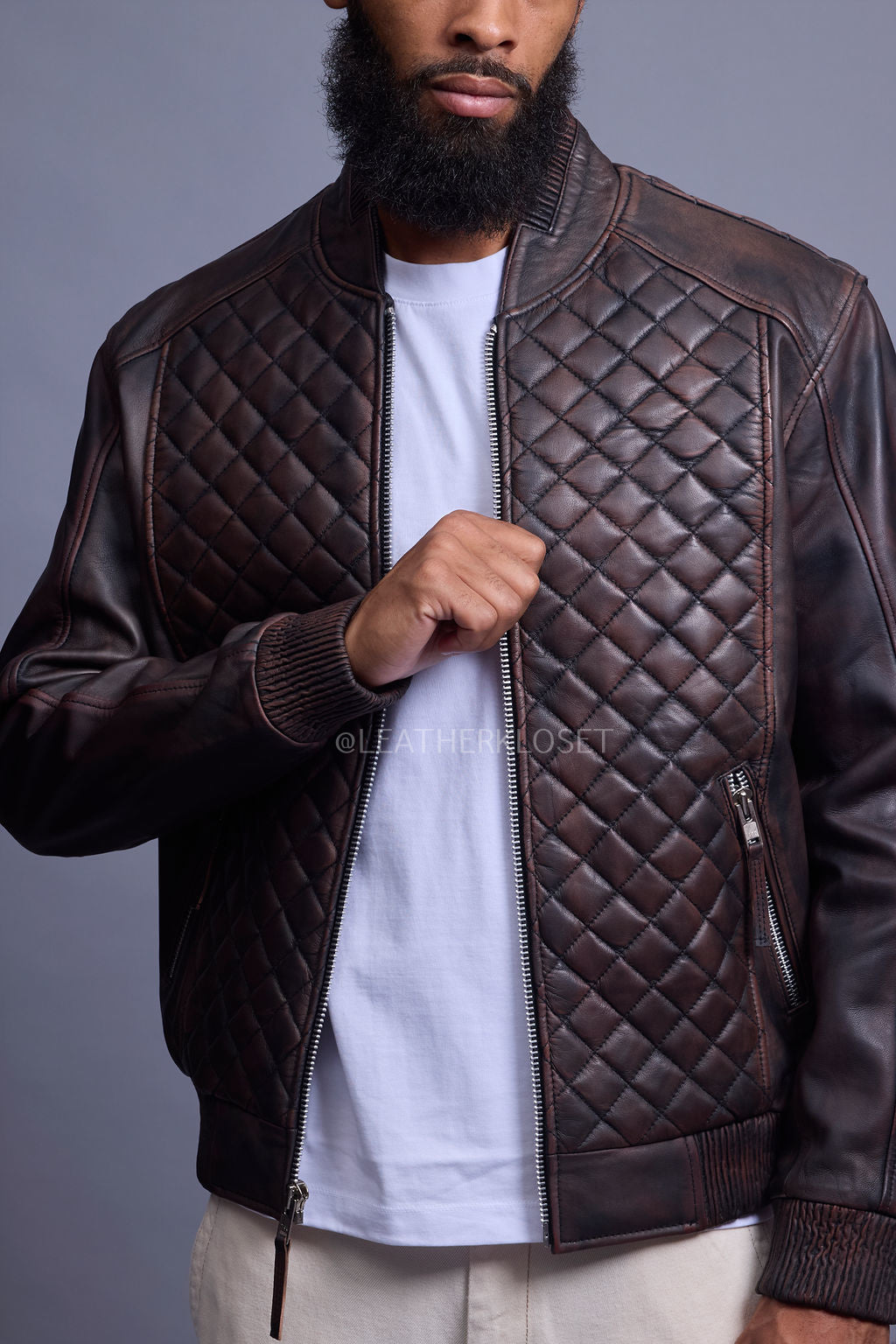 Men's Lucas Quilted Leather Bomber Jacket [Copper]