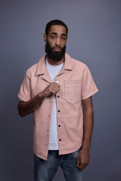 Men's Summer In Miami Luka Leather Short Sleeve Shirt [Baby Pink]