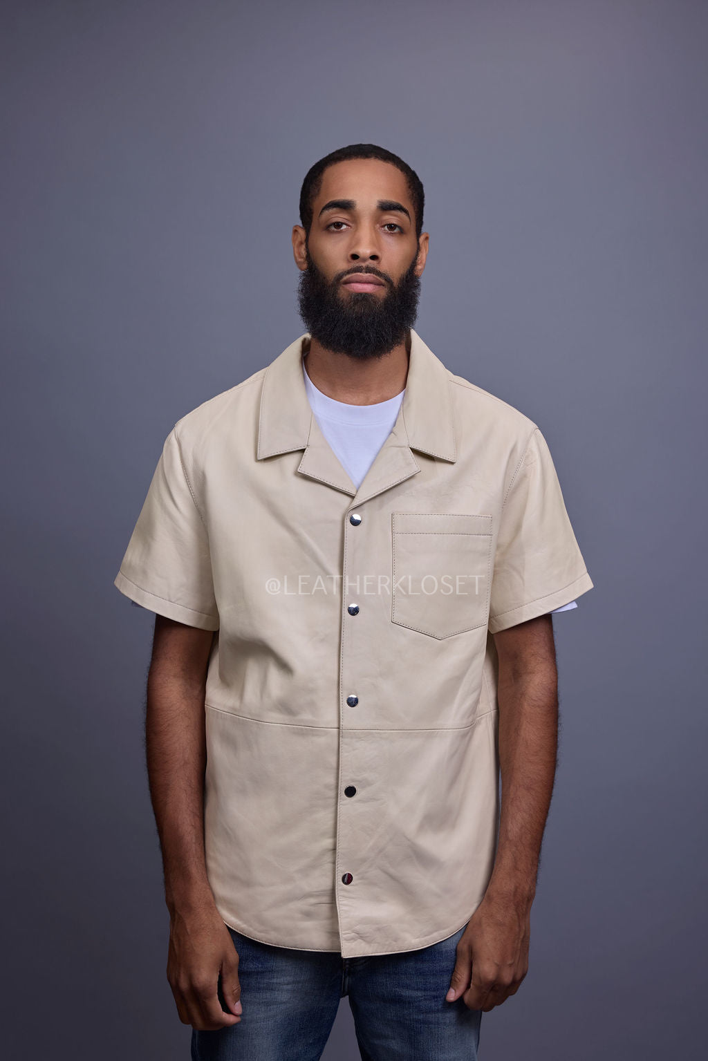 Men's Summer In Miami Luka Leather Short Sleeve Shirt [Beige]