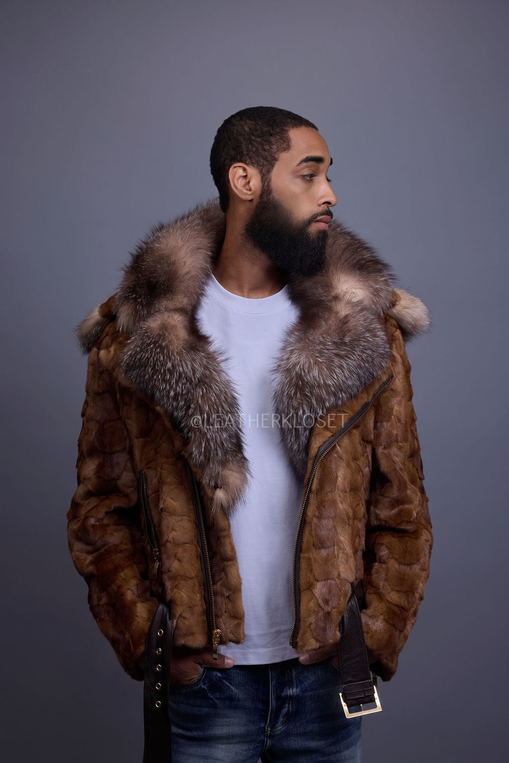 Men's Mink Biker Jacket [Whiskey]