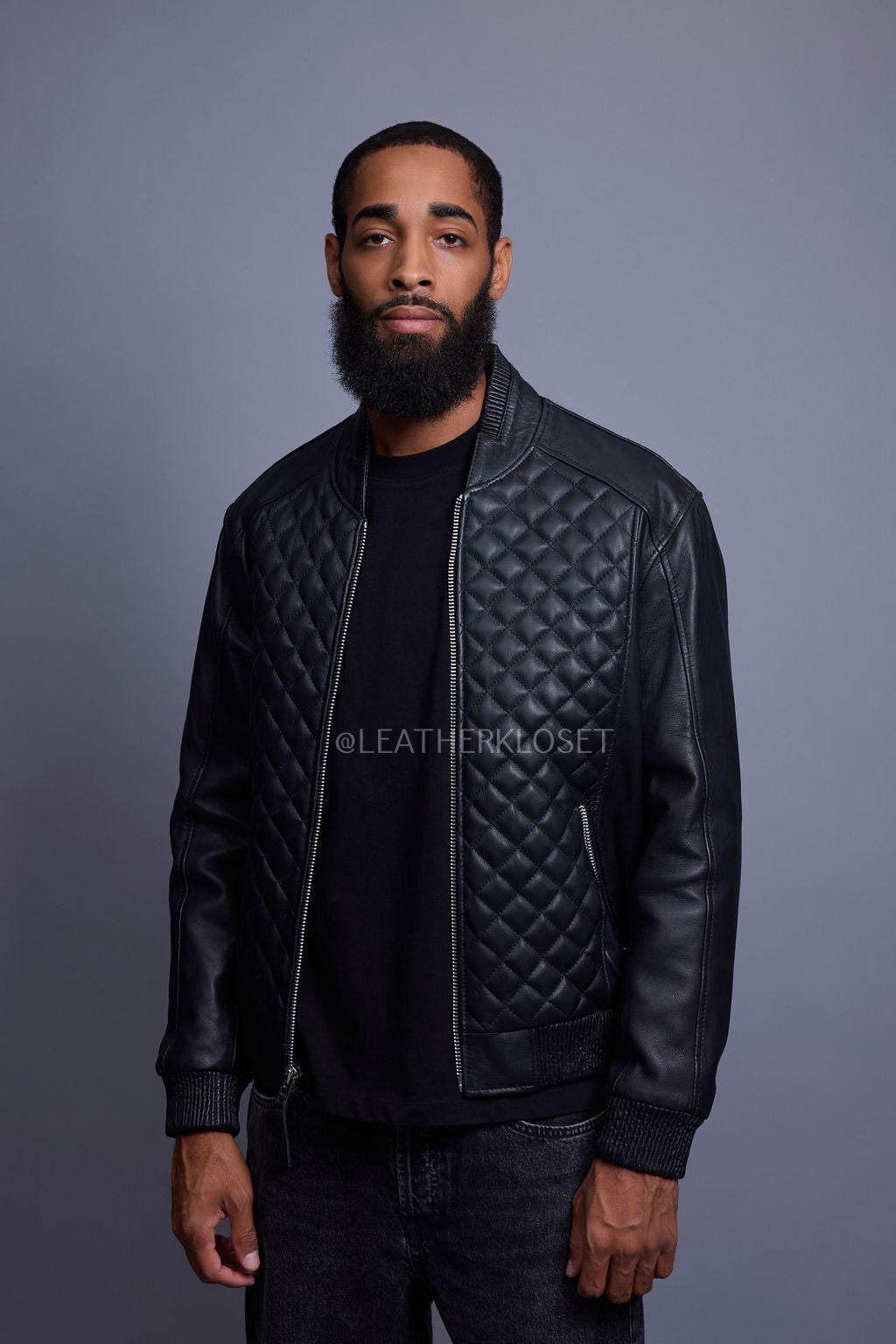 Men's Lucas Quilted Leather Bomber Jacket [Black]
