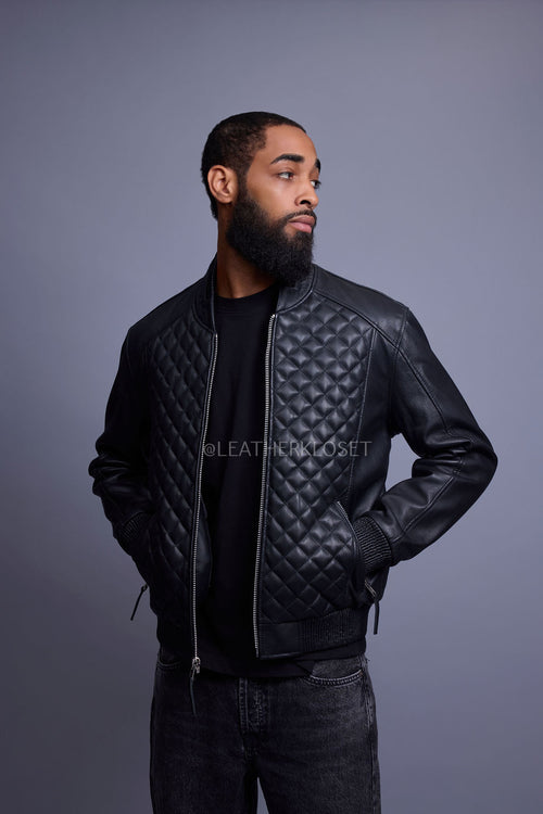 Men's Lucas Quilted Leather Bomber Jacket [Black]