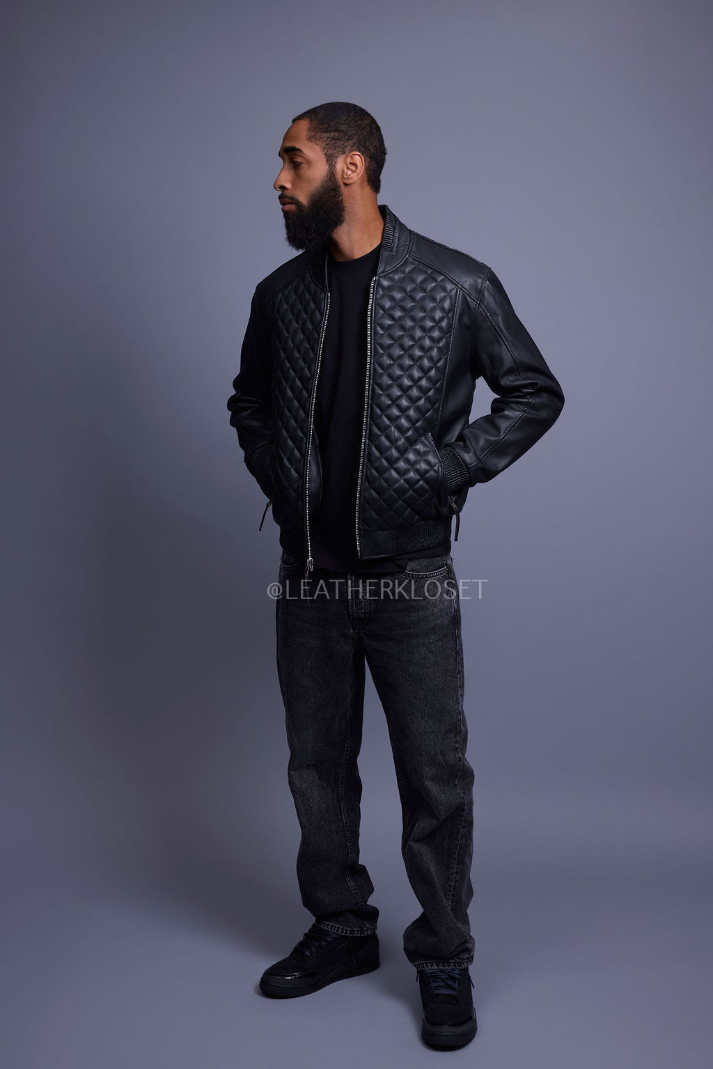 Men's Lucas Quilted Leather Bomber Jacket [Black]