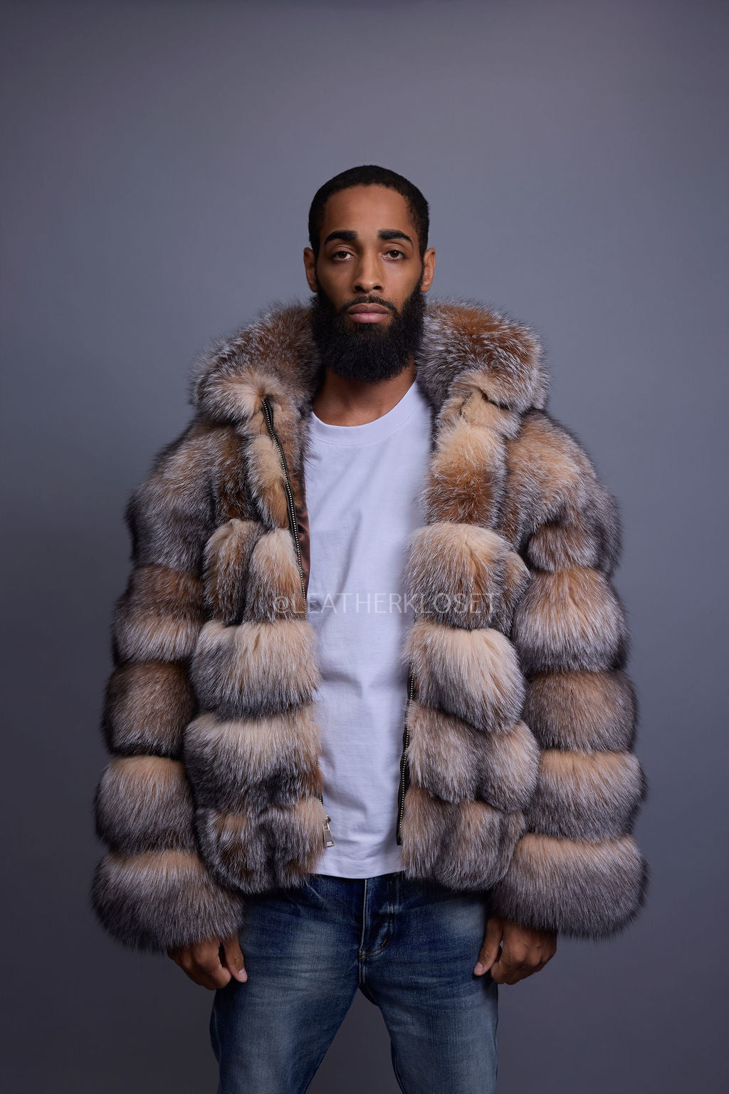 Men's Crystal Fox Fur Bomber With Hood