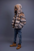 Men's Crystal Fox Fur Bomber With Hood