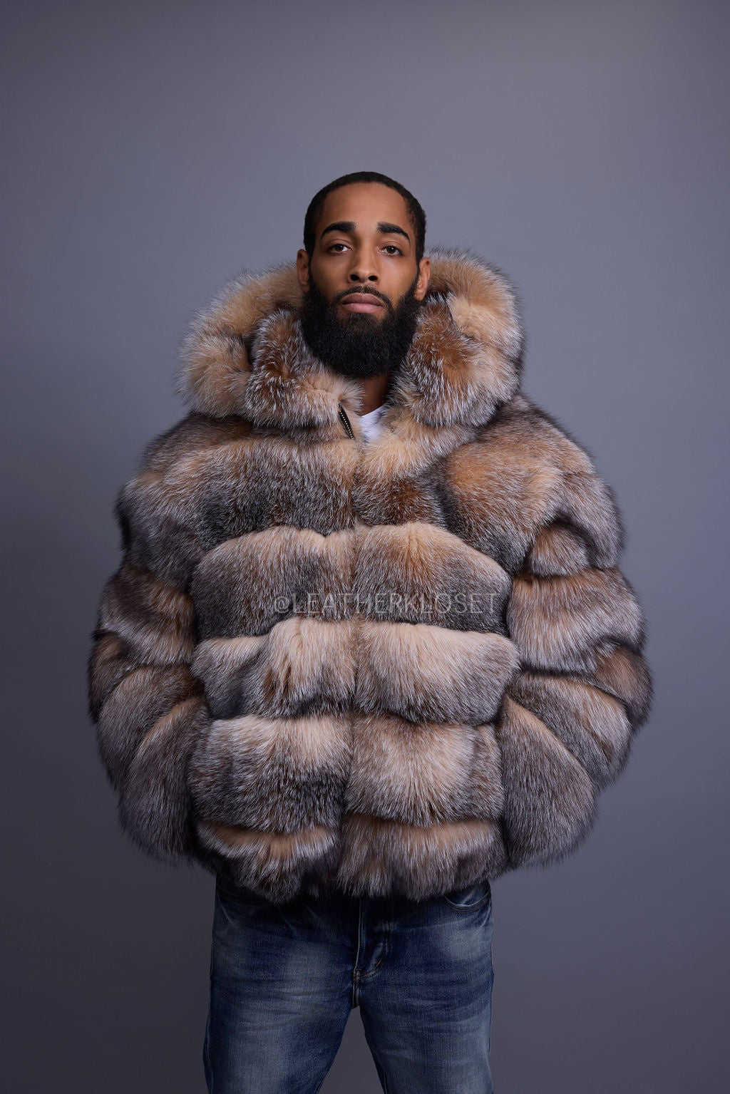Men's Crystal Fox Fur Bomber With Hood