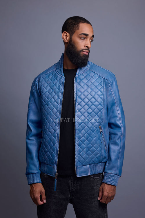 Men's Lucas Quilted Leather Bomber Jacket [Denim Leather]