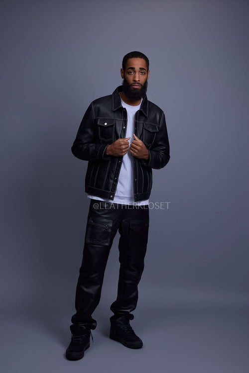 Men's Dylan Leather Jean Jacket And Cargo Pants Set [Black]