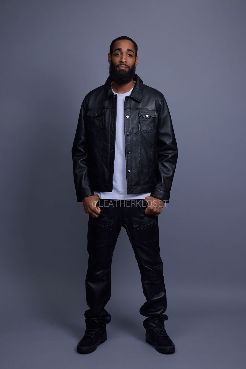 Men's Dylan Leather Jean Jacket And Cargo Pants Set [Black/Black]