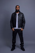 Men's Dylan Leather Jean Jacket And Cargo Pants Set [Black/Black]