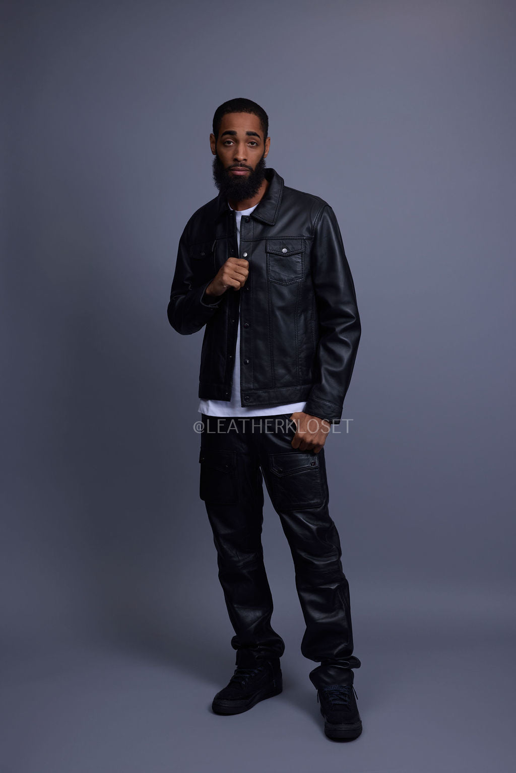 Men's Dylan Leather Jean Jacket And Cargo Pants Set [Black/Black]
