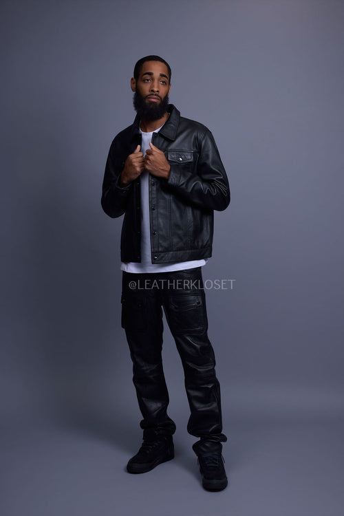 Men's Dylan Leather Jean Jacket And Cargo Pants Set [Black/Black]