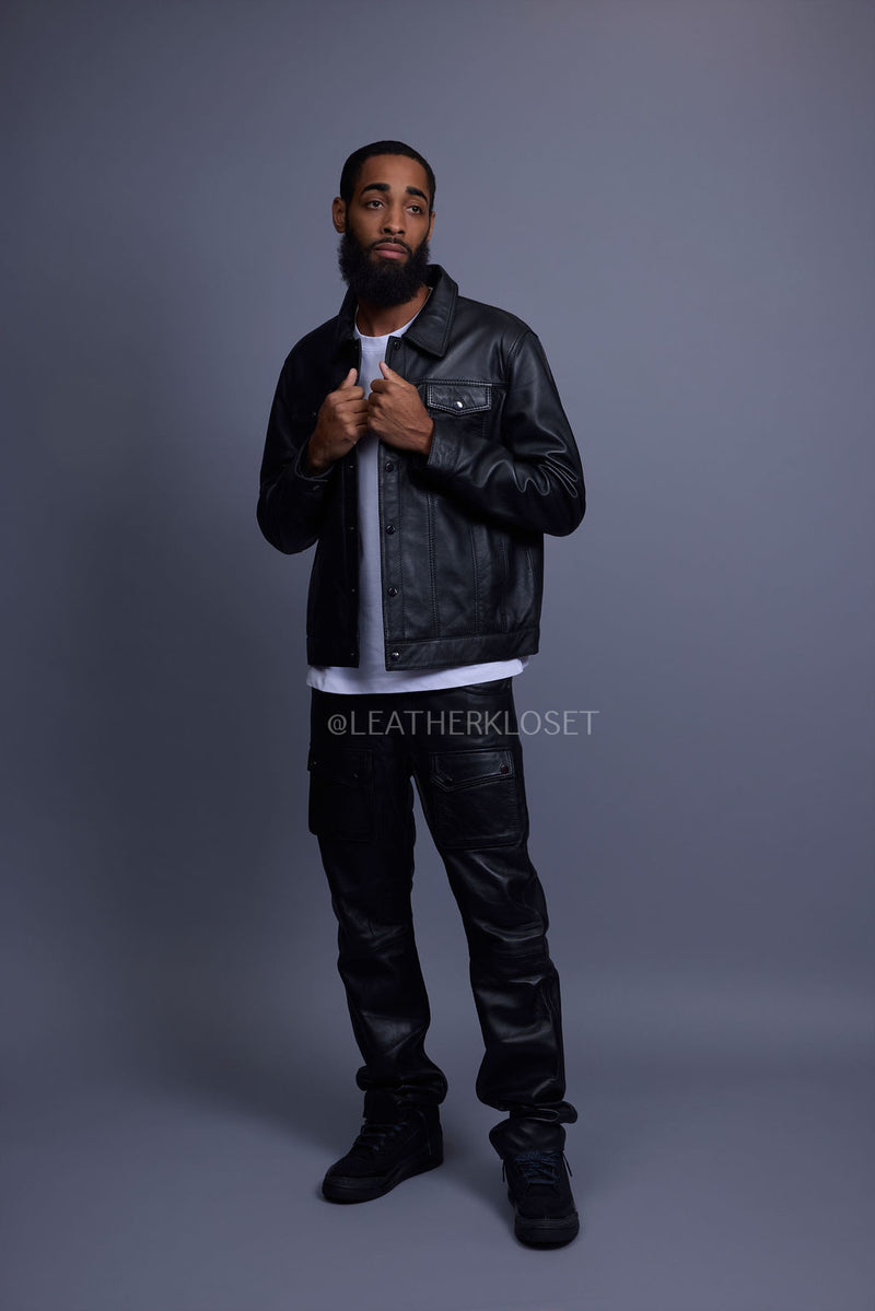 Men's Dylan Leather Jean Jacket And Cargo Pants Set [Black/Black]