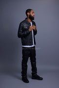 Men's Dylan Leather Jean Jacket And Cargo Pants Set [Black/Black]