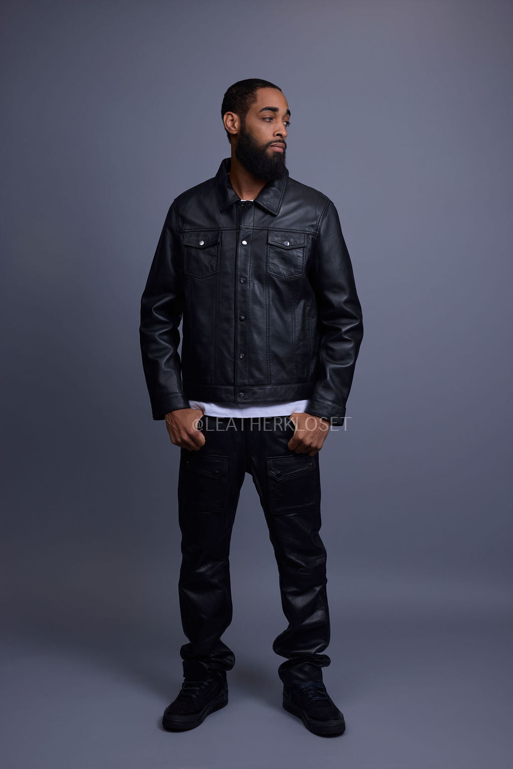 Men's Dylan Leather Jean Jacket And Cargo Pants Set [Black/Black]
