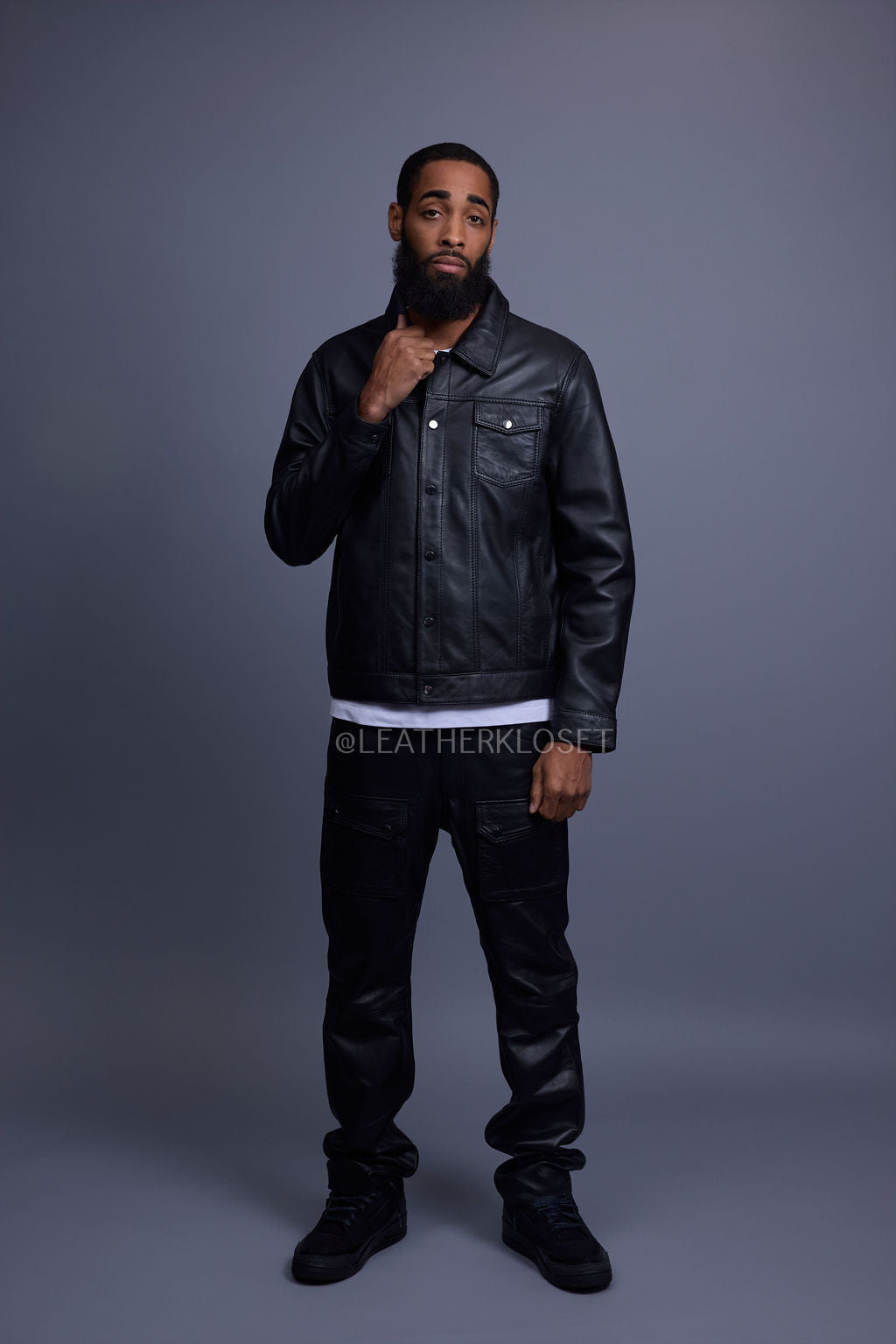 Men's Dylan Leather Jean Jacket And Cargo Pants Set [Black/Black]