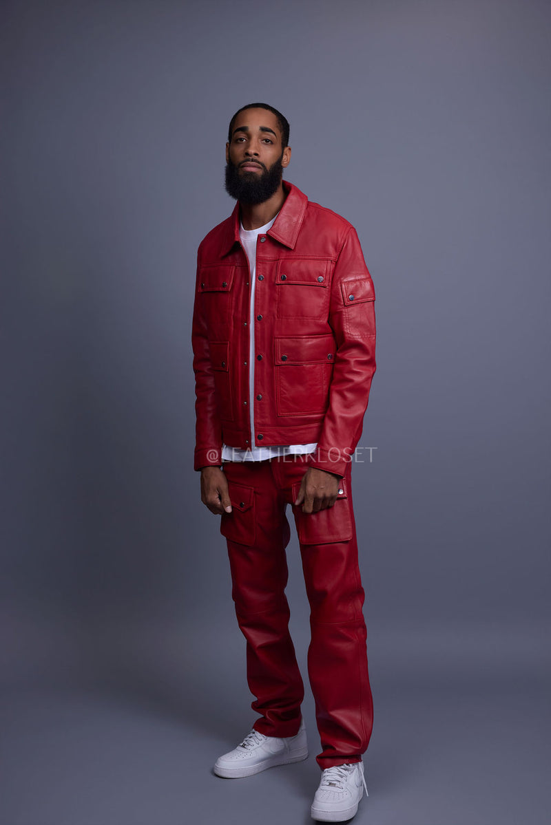 Men's Jax 2.0 Jean Jacket & Leather Cargo Pants [Red]