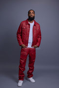 Men's Dylan Leather Jean Jacket And Cargo Pants Set [Red]