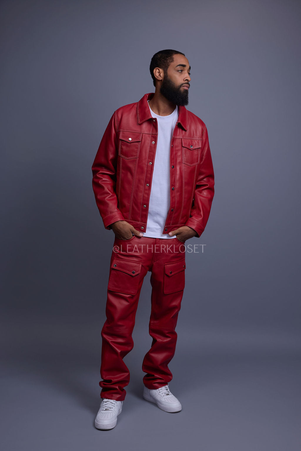 Men's Dylan Leather Jean Jacket And Cargo Pants Set [Red]