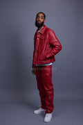 Men's Dylan Leather Jean Jacket And Cargo Pants Set [Red]