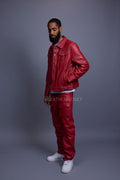 Men's Dylan Leather Jean Jacket And Cargo Pants Set [Red]