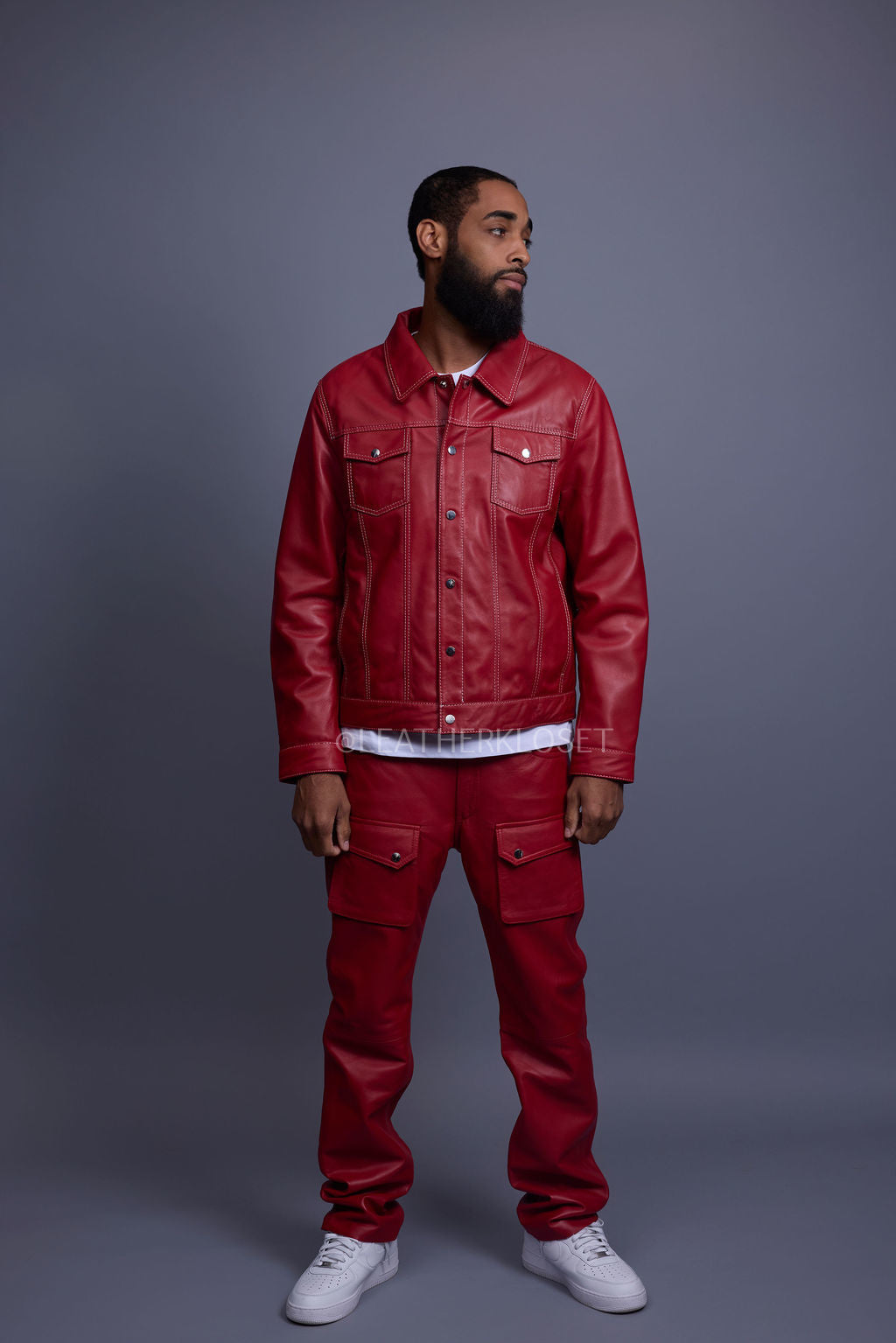 Men's Dylan Leather Jean Jacket And Cargo Pants Set [Red]