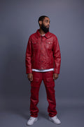 Men's Dylan Leather Jean Jacket And Cargo Pants Set [Red]