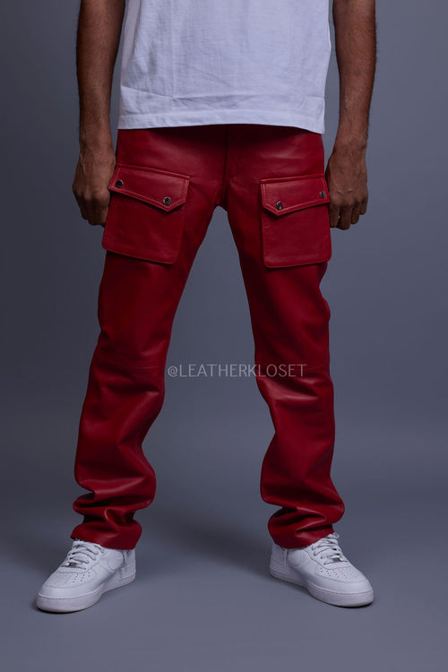 Men's Leather Cargo Jean Pants [Red]